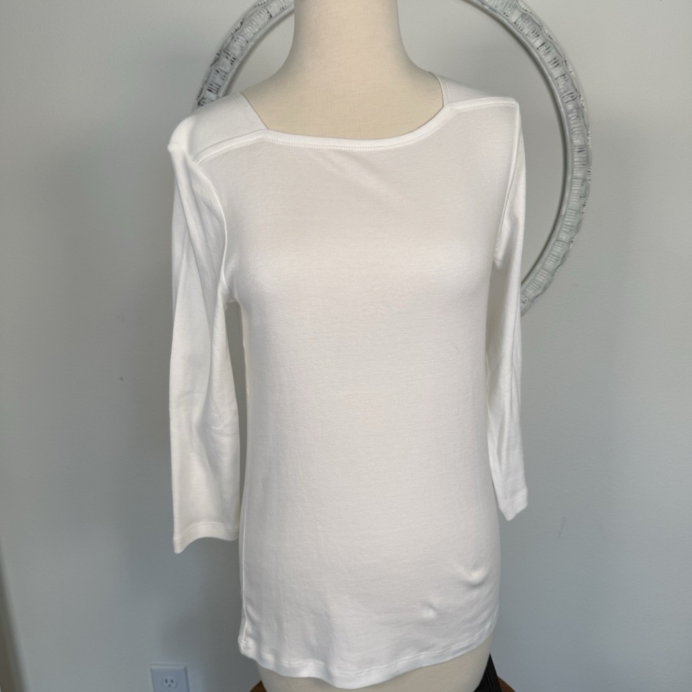 Chico's NWT Womens T Shirt Top 3/4 Sleeve  Button Accent White Bandeau Pima 0 Sm - Picture 2 of 16